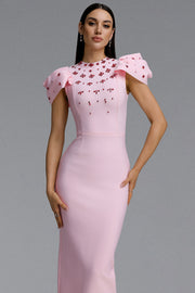 Lisiya Elegant Contour High Neck Bow Puff Sleeve Bandage Maxi Dress